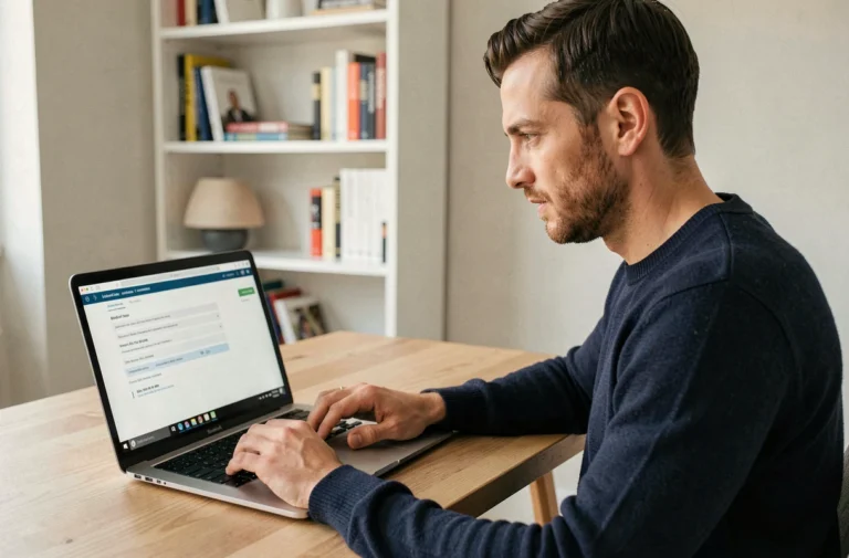 Homme consultant l'interface d'administration de sa Freebox sur un ordinateur portable depuis son bureau à domicile