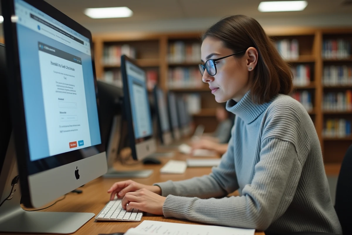 Femme consultant sa messagerie webmail AC Rennes depuis un poste informatique en bibliothèque publique