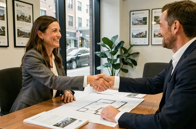 Femme souriante signant un contrat immobilier avec une agente professionnelle dans un bureau moderne, symbolisant une vente réussie