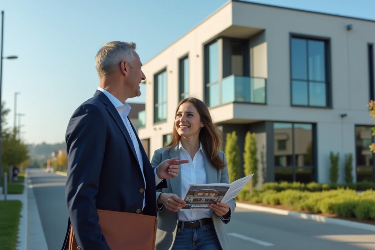 Agent immobilier présentant un immeuble résidentiel moderne à une cliente potentielle dans une banlieue française en 2024