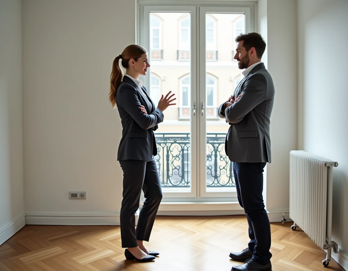 Agent immobilier présentant un appartement vide à un potentiel locataire lors d'une visite immobilière