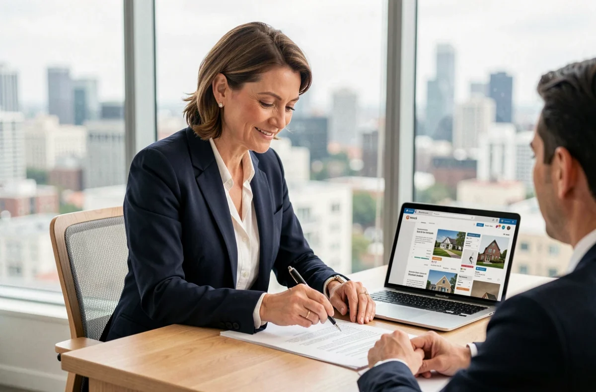 Agente immobilière professionnelle expliquant un dossier d'achat à son client dans un bureau contemporain avec vue sur la ville