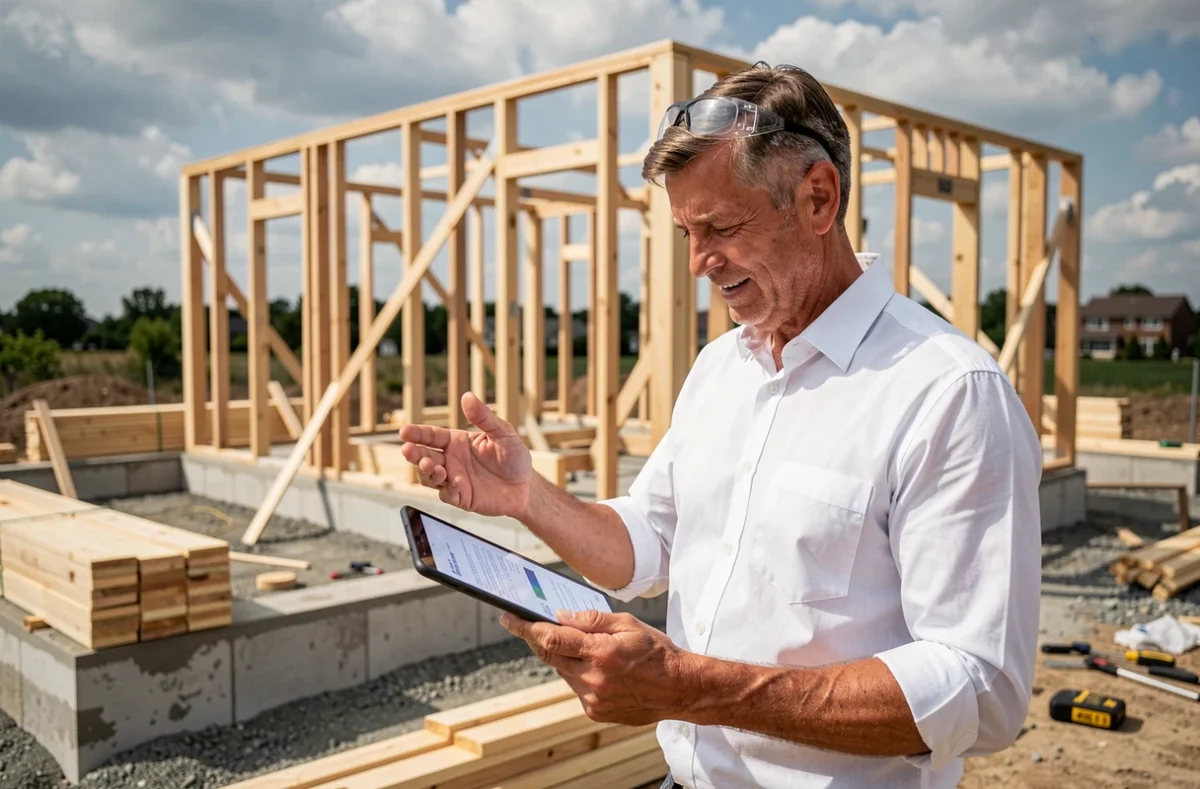 Architecte sur un chantier de construction de maison individuelle consultant des plans sur tablette