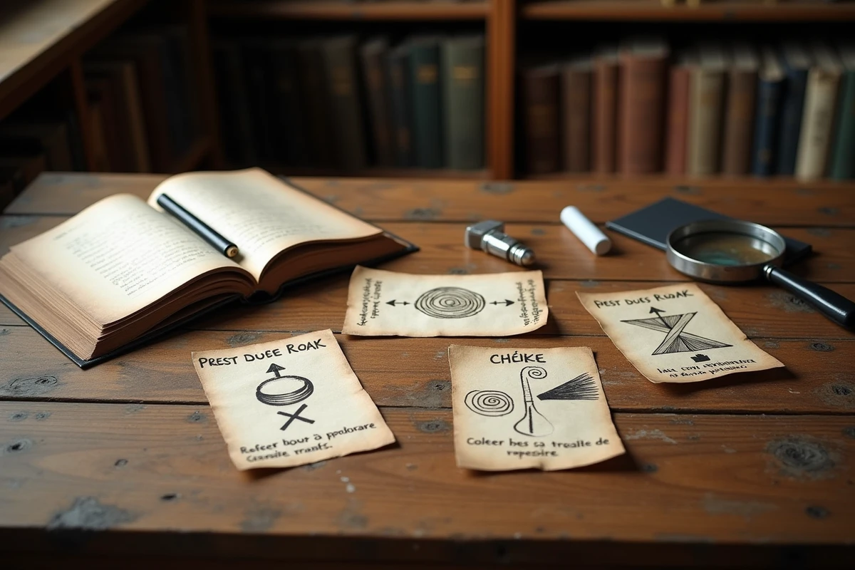 Cartes de référence illustrant des symboles gitans traditionnels posées sur une table en bois rustique