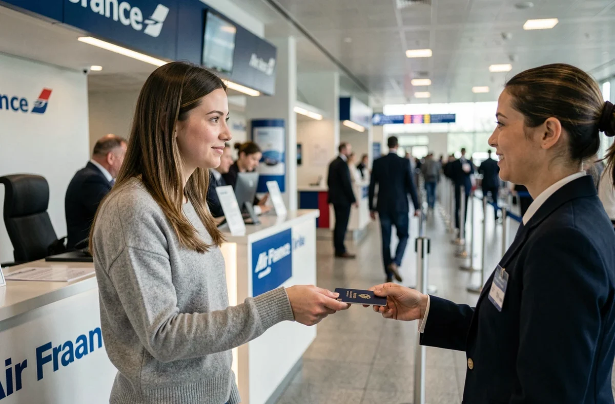 Passagère remettant son passeport à un agent Air France pour un changement de nom sur billet