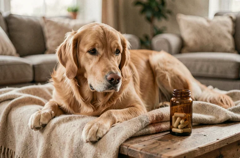 Chien golden retriever au repos avec un flacon d'harpagophytum posé à côté sur une surface en bois naturel