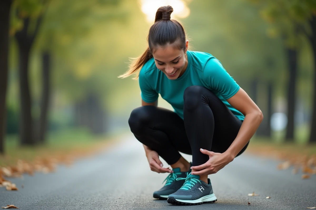 Femme athlète qui examine ses chaussures de running avant une séance d'entraînement dans un parc urbain