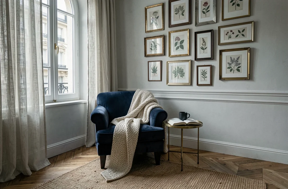 Coin lecture cosy avec fauteuil en velours marine, galerie de cadres vintage et parquet en chevrons dans un appartement haussmannien parisien