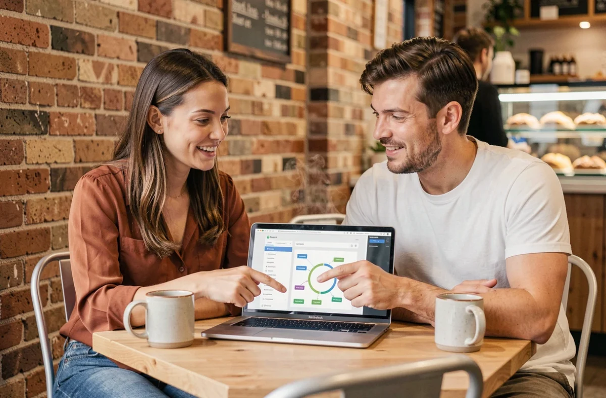 Deux collègues discutant d'un plan de site web sur un ordinateur portable dans un café urbain