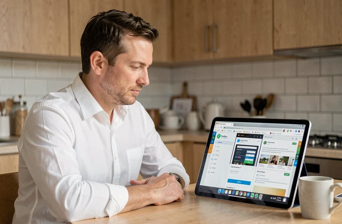 Homme comparant l'interface abonné et Freebox OS sur une tablette posée sur une table de cuisine