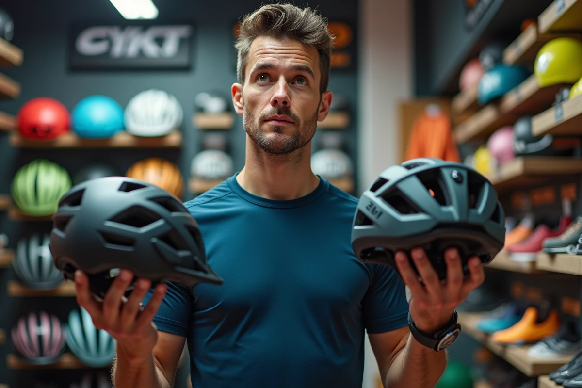 Homme comparant deux casques de cyclisme dans un magasin d'équipements sportifs