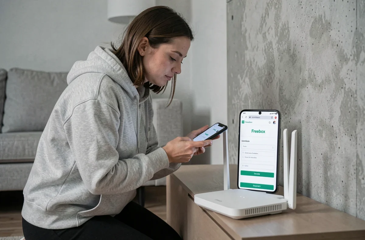 Femme configurant sa Freebox depuis un smartphone en accédant à l'interface Freebox OS dans le salon
