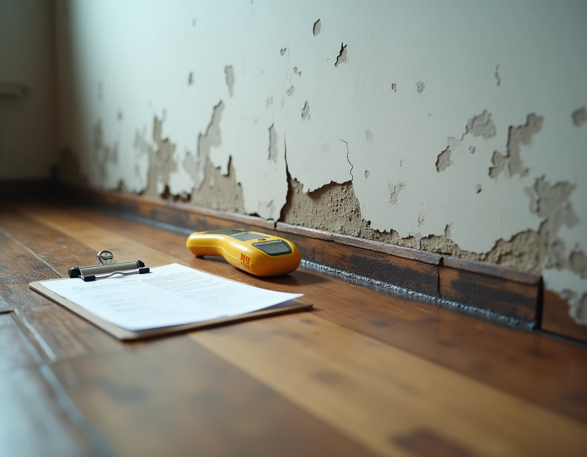 Plancher gondolé et mur taché par un dégât des eaux dans un salon avec matériel d'expertise posé au sol