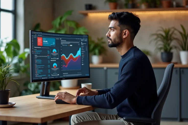 Jeune professionnel consultant les dernières actualités numériques sur un écran ultrawide dans un bureau moderne