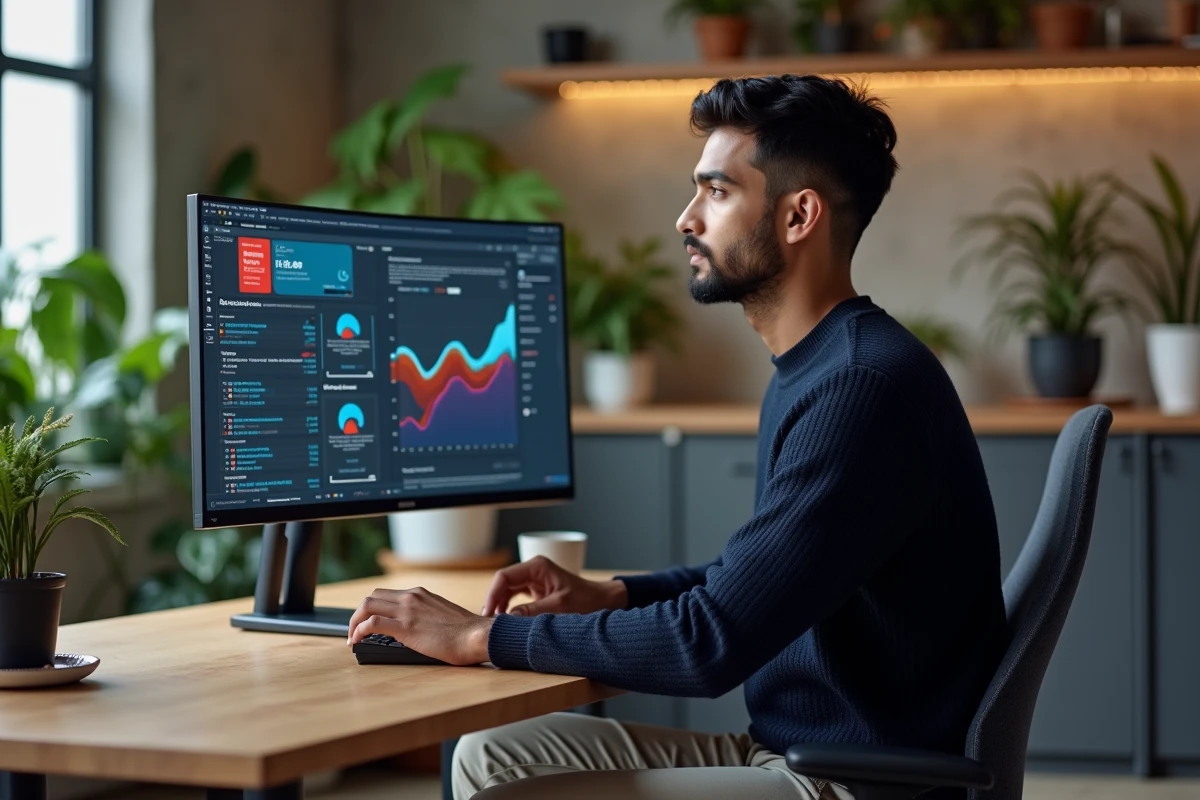 Jeune professionnel consultant les dernières actualités numériques sur un écran ultrawide dans un bureau moderne