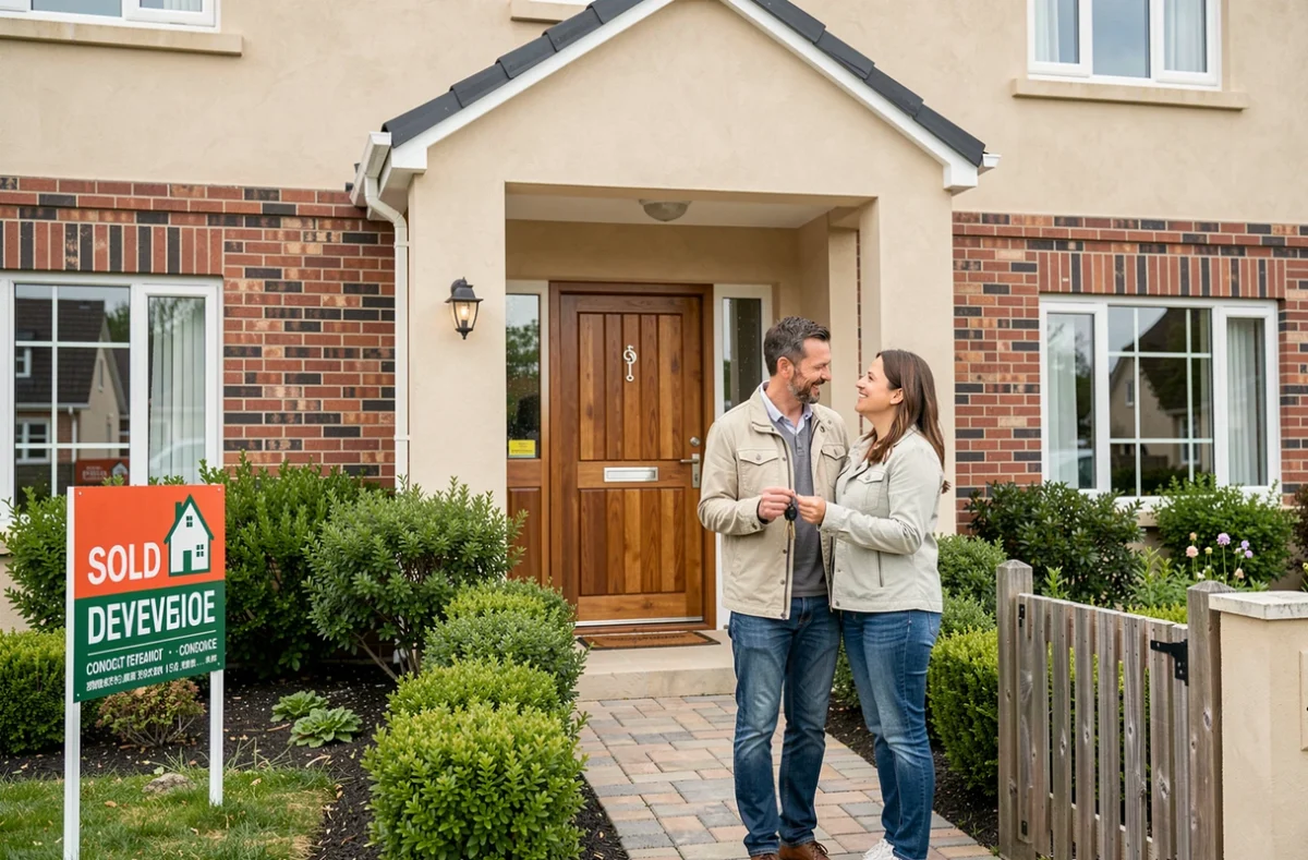 Couple heureux tenant des clés devant leur nouvelle maison achetée grâce à une agence immobilière, pancarte vendu visible