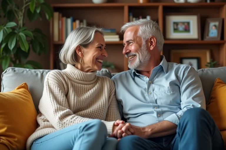 Couple assis sur un sofa d'automne dans un salon chaleureux