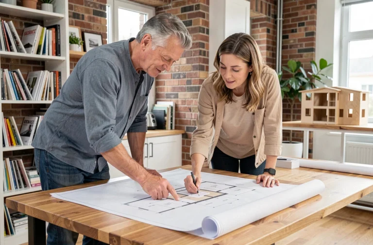 Couple examinant les plans architecturaux de leur future maison sur mesure autour d'une table en bois