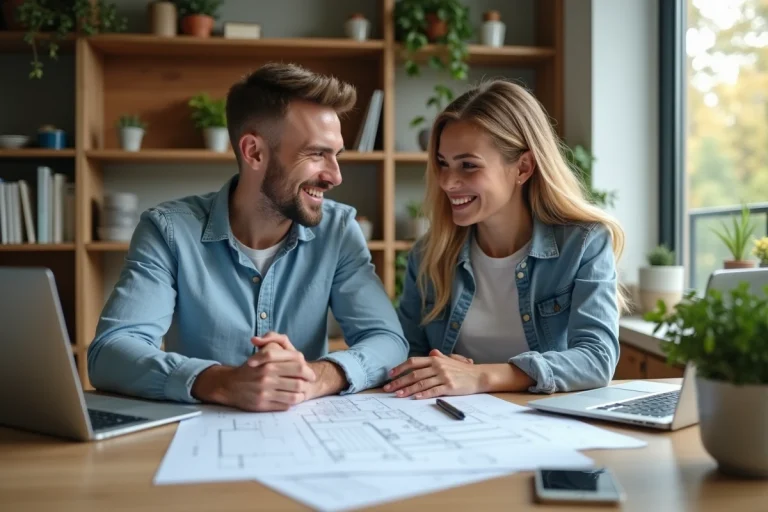 Couple souriant discutant de leur projet immobilier dans un salon lumineux