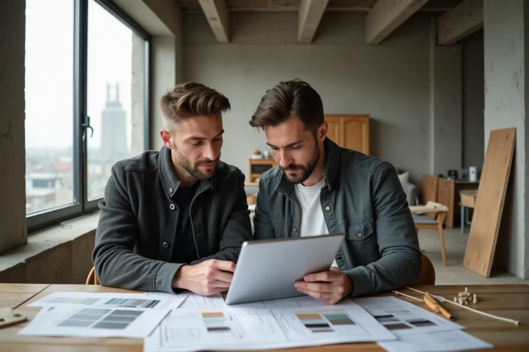 Couple de professionnels examinant des plans architecturaux et des échantillons de matériaux dans un appartement en rénovation à Paris en 2024