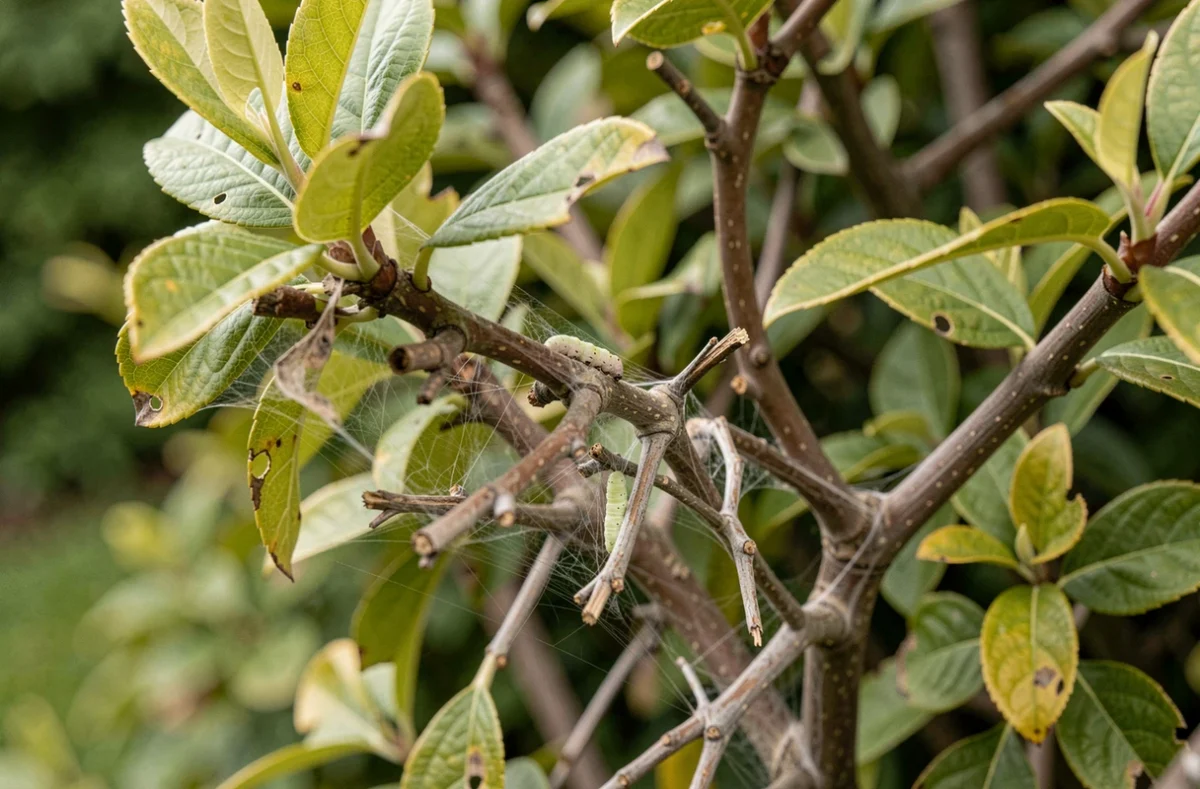 Gros plan sur des branches de buis endommagées par les chenilles de la pyrale avec toiles soyeuses visibles