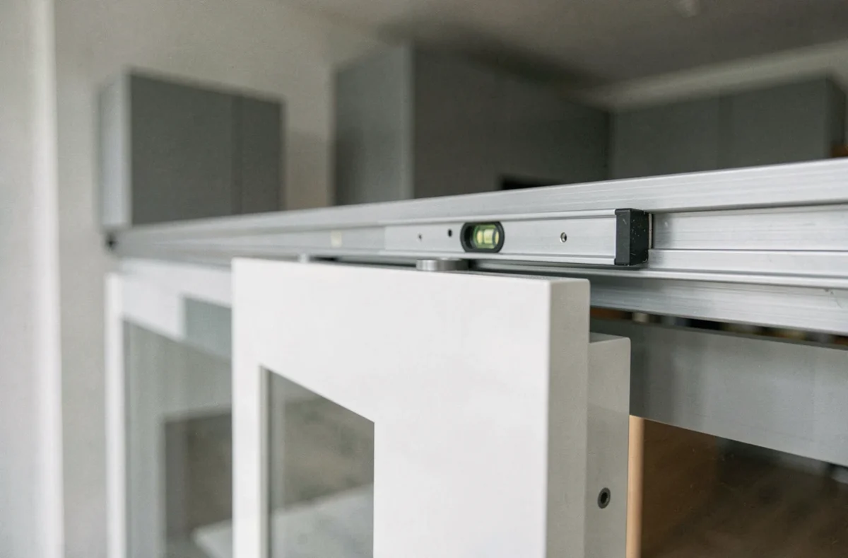 Détail du rail supérieur et du panneau d'une porte coulissante standard avec niveau à bulle