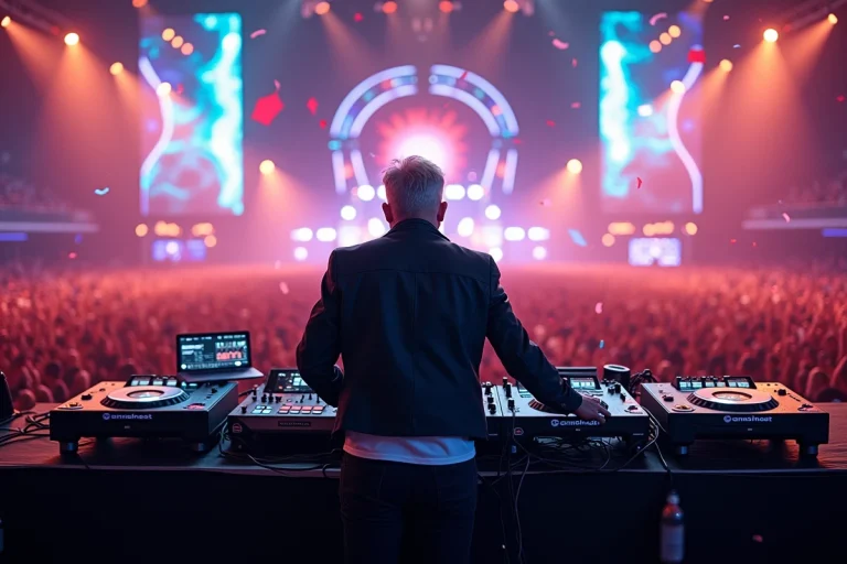 DJ professionnel de renommée mondiale en performance sur une grande scène de festival en plein air devant des milliers de spectateurs
