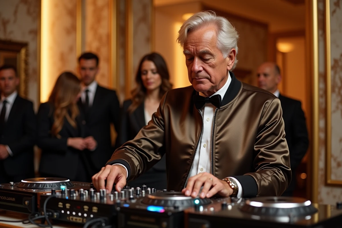DJ célèbre en prestation privée dans une salle de réception haut de gamme lors d'un événement corporate élégant