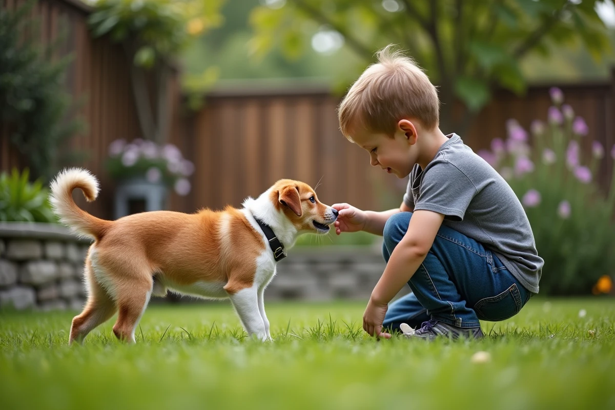 Jeune garçon avec chien et chat dans un jardin verdoyant