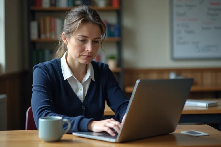 Enseignante accédant à la messagerie webmail AC Rennes sur un ordinateur portable dans une salle des professeurs
