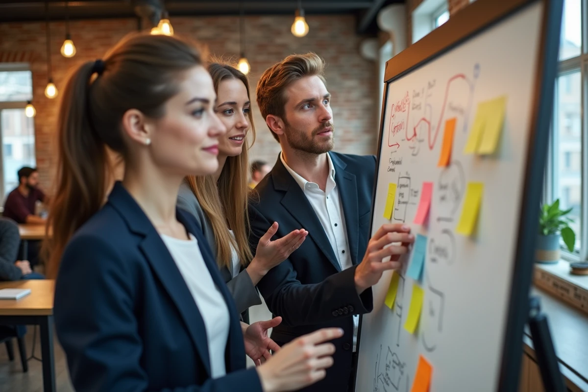 Équipe de professionnels en séance de brainstorming stratégique dans un espace de travail collaboratif moderne