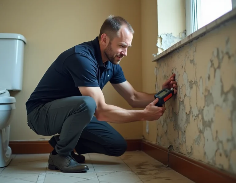 Expert en assurance inspectant des dégâts des eaux sur un mur de salle de bain avec un humidimètre