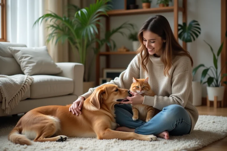 Femme souriante avec chat et chien dans un intérieur cosy