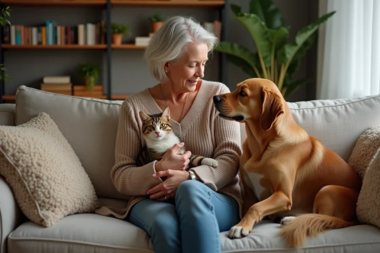 Femme assise avec chat et chien dans un salon chaleureux