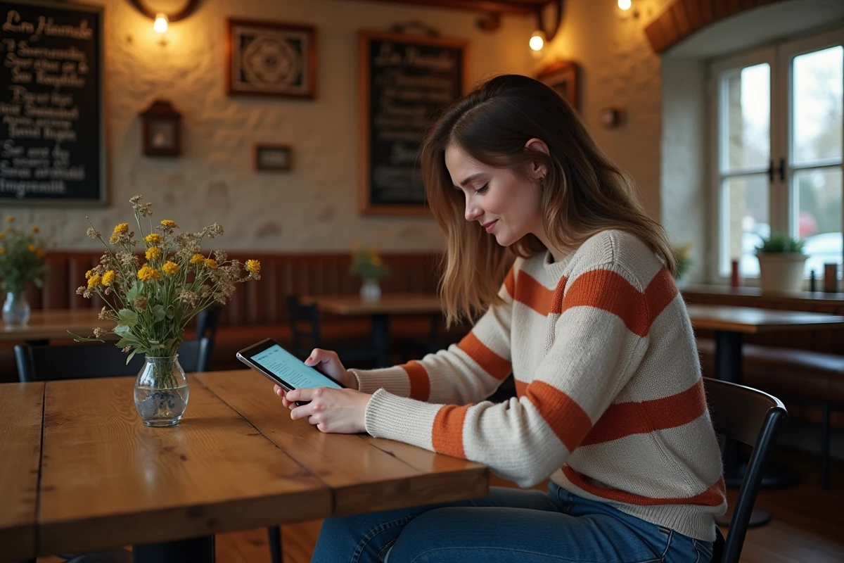 Jeune femme bretonne lisant sur sa tablette dans un café