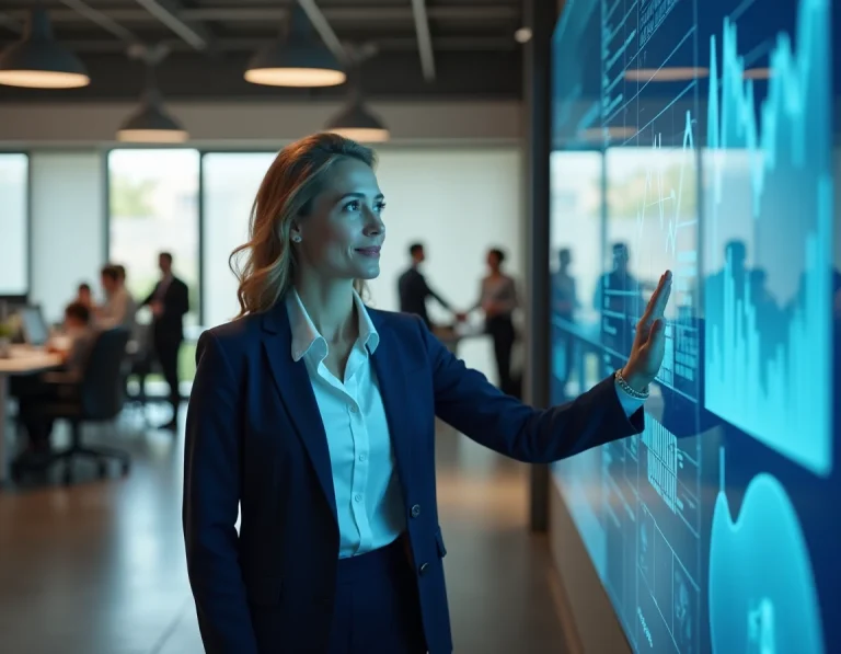 Femme cadre en blazer marine analysant des données business sur un écran numérique dans un open space moderne