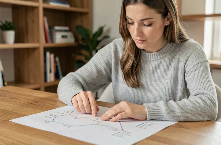 Femme consultant un plan de site imprimé sur un bureau en bois dans un bureau à domicile moderne