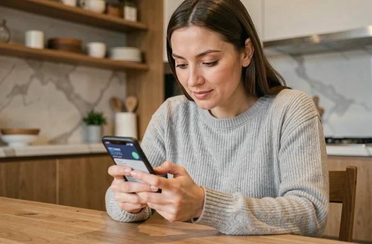 Femme consultant ses comptes bancaires CMDs sur une application mobile depuis sa cuisine moderne