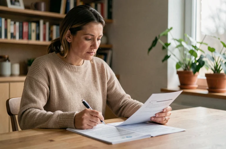 Femme consultant un contrat de crédit à domicile, documents financiers sur une table en bois