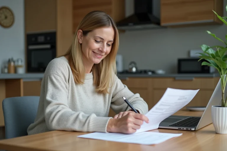 Femme d'âge moyen remplissant déclaration H1 à la maison