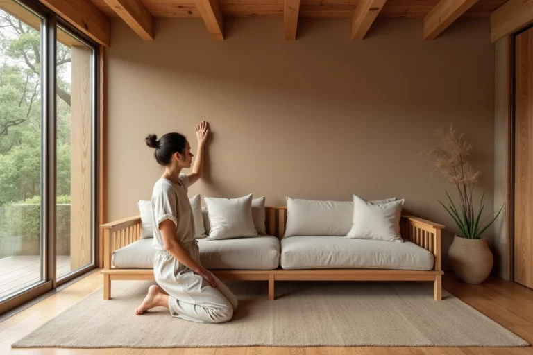 Femme en lin dans maison écologique en terre crue