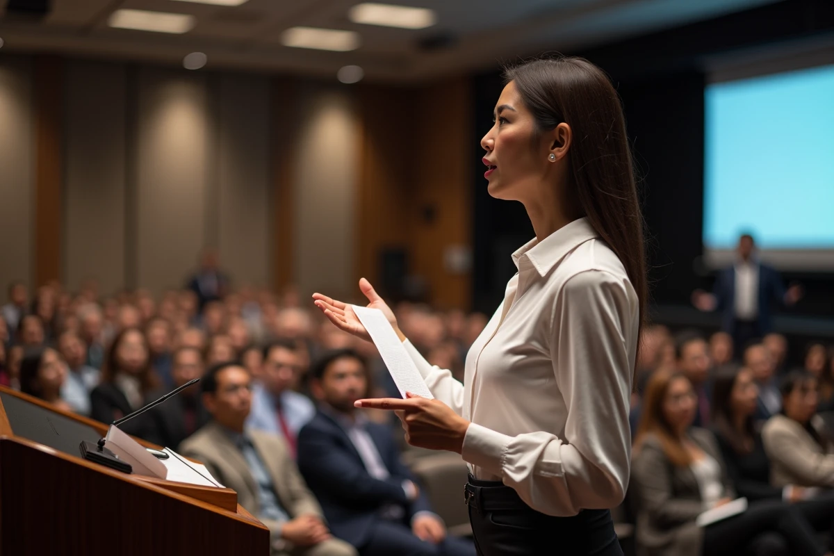 Femme entrepreneure prenant la parole lors d'une conférence sur le succès et les stratégies business