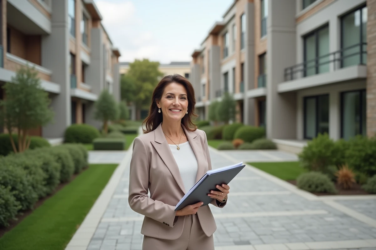 Femme confiante posant devant un bâtiment résidentiel récent