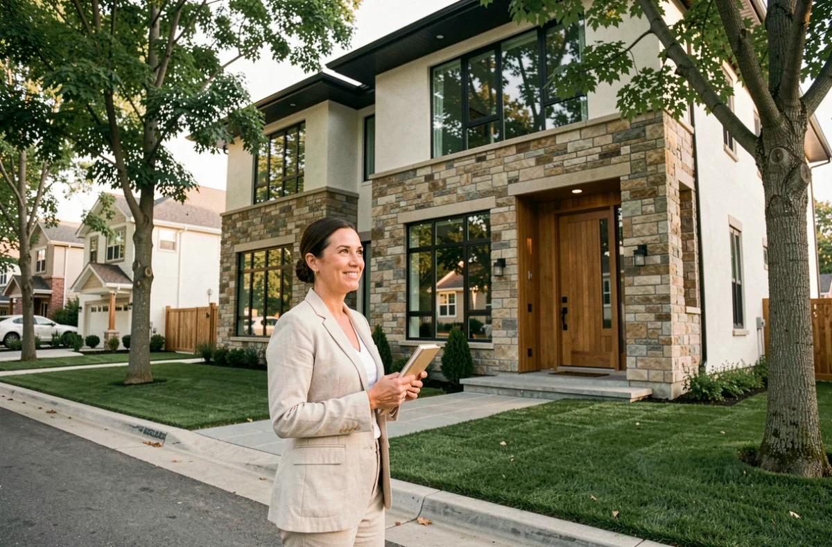 Femme devant sa maison individuelle neuve construite sur mesure avec façade en pierre naturelle