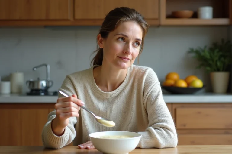 Femme pensive avec bol de Budwig dans une cuisine chaleureuse