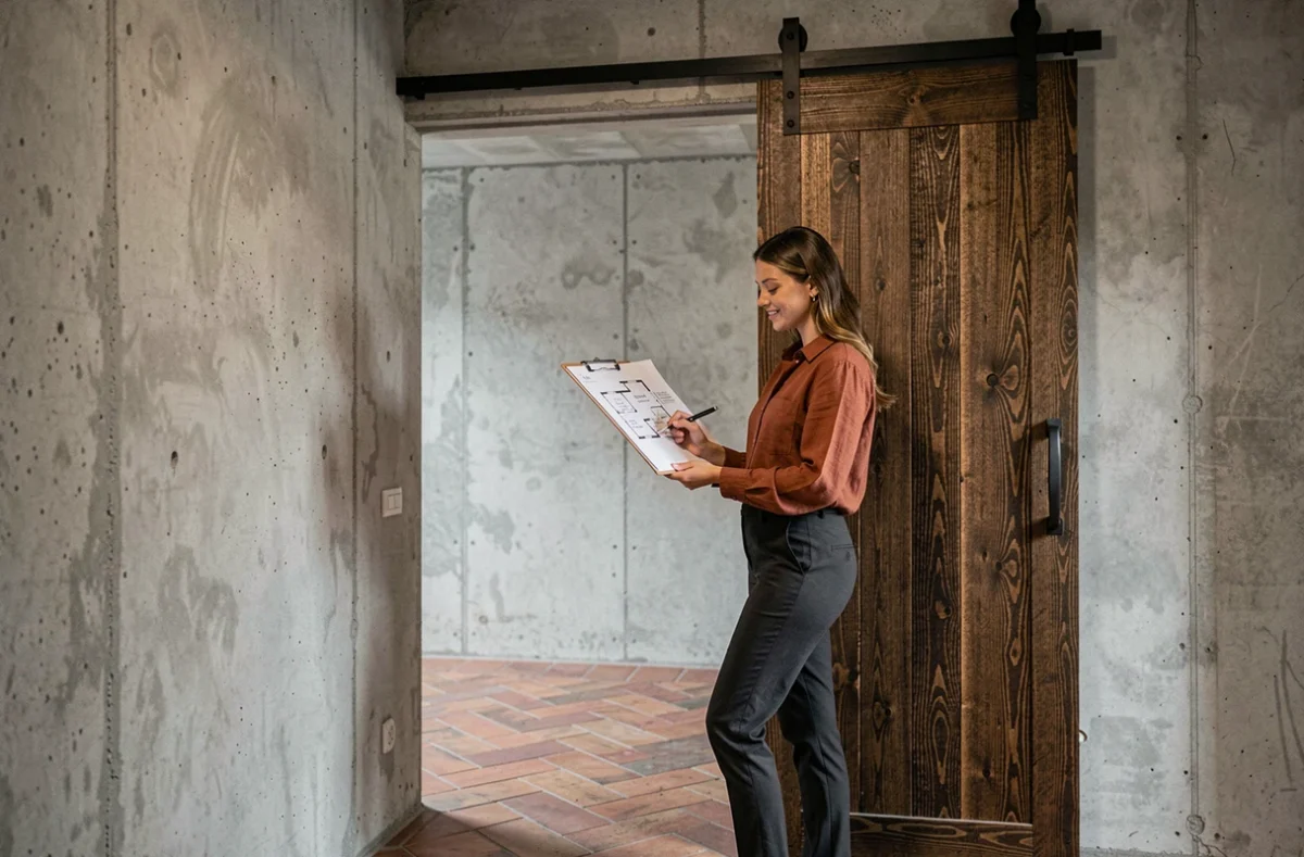 Femme consultant des plans devant une porte coulissante en chêne brut dans un couloir avec mur en béton