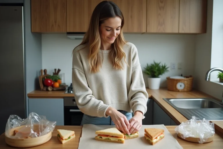 Femme préparant des sandwichs dans une cuisine moderne