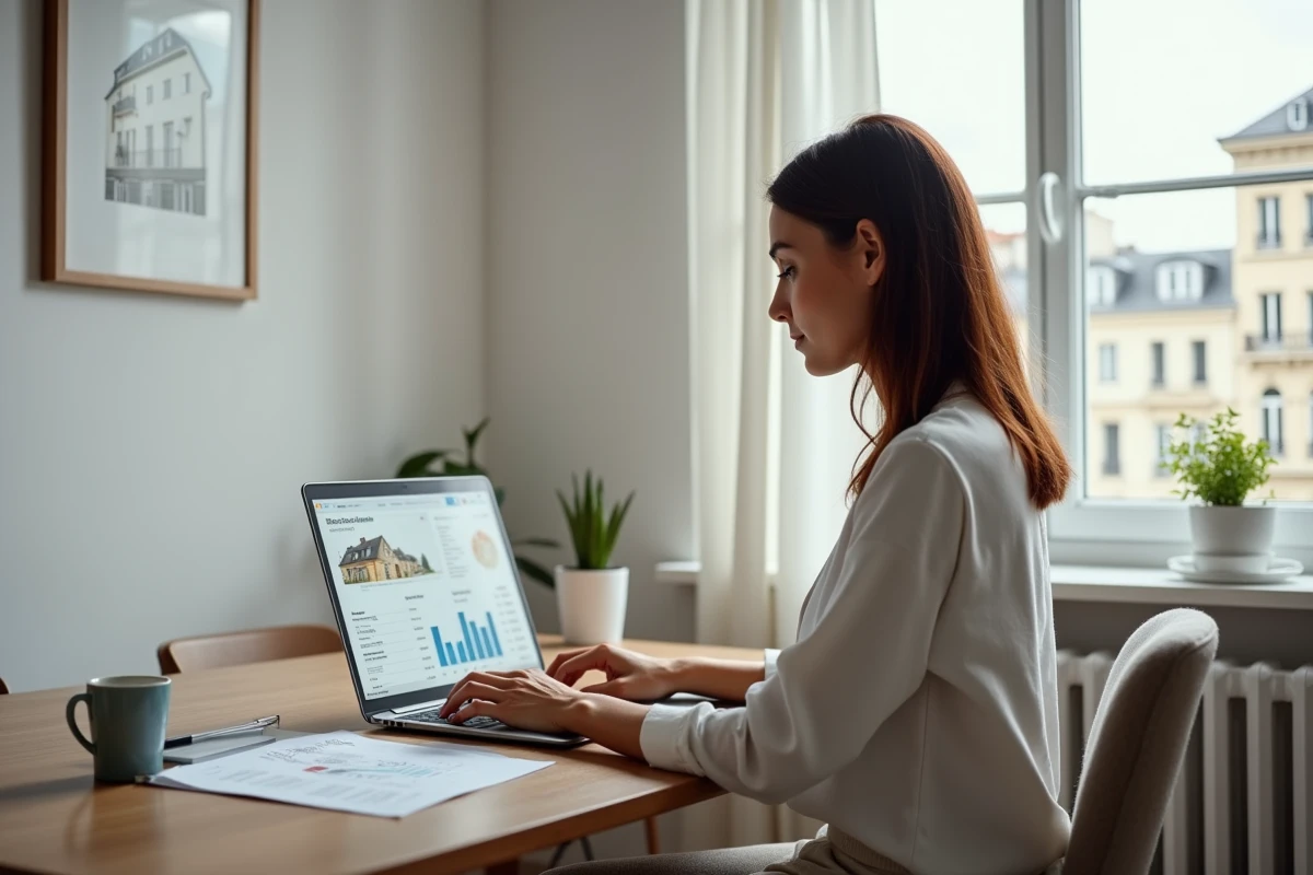 Femme analysant des annonces immobilières et des graphiques de prix sur son ordinateur dans un bureau à domicile moderne en 2024