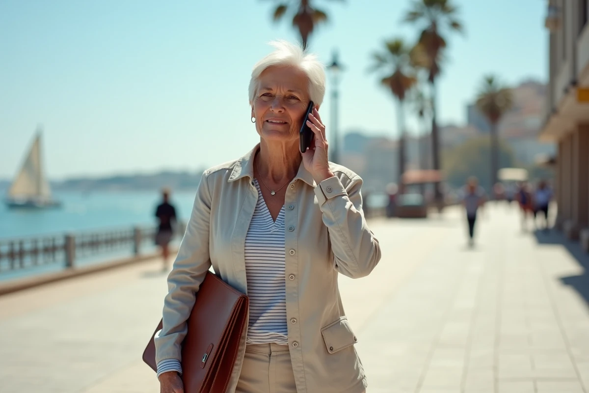 Femme retraitée expatriée se promenant au bord de la mer dans une ville européenne ensoleillée