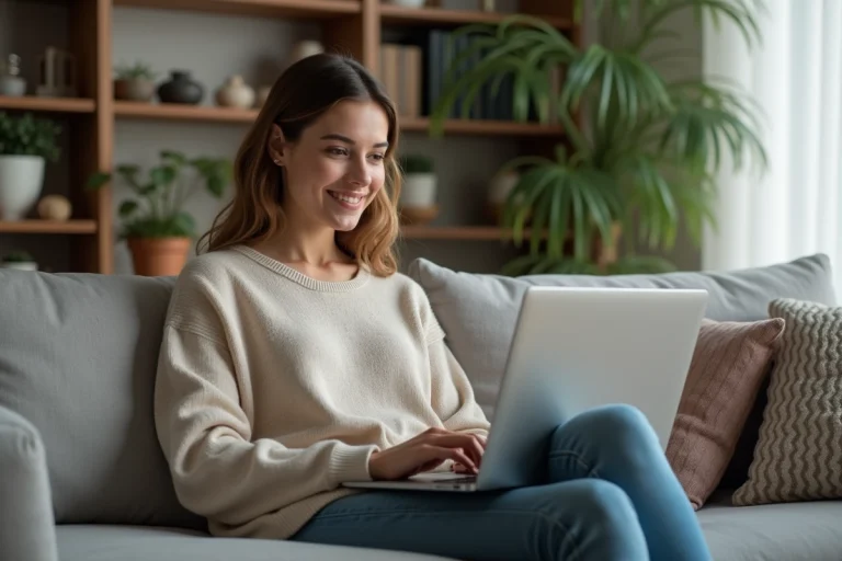 Femme assise sur un canapé avec un ordinateur portable dans un salon minimaliste